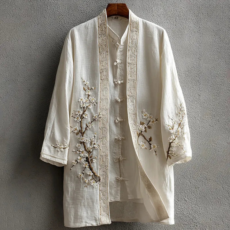 Men's Vintage Japanese Cherry Blossom Art  Linen Blend Kimono