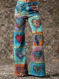Women's Bohemian Retro Colorful Heart Art Print Casual Washed  Pants
