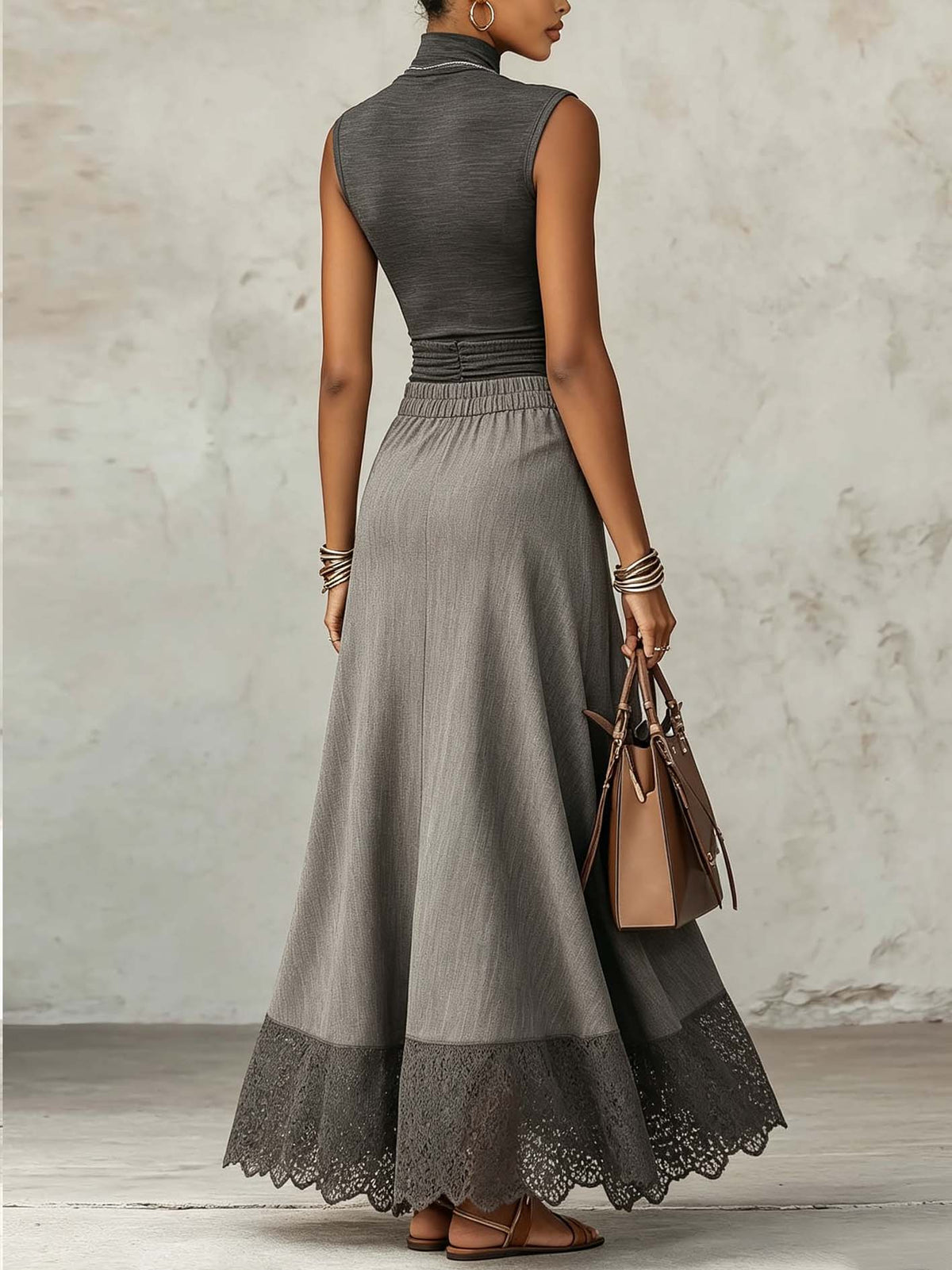 Gray Sleeveless Mock Neck Top And High Slit Maxi Skirt Set With Lace Trim