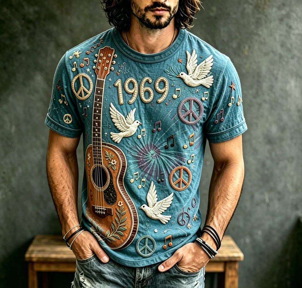 Men's Hippie Music Pigeons With Guitar Pattern Print T-shirt