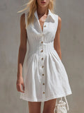 Casual Retro White Sleeveless Collared Button-down Pleated Cotton Linen Mini Dress