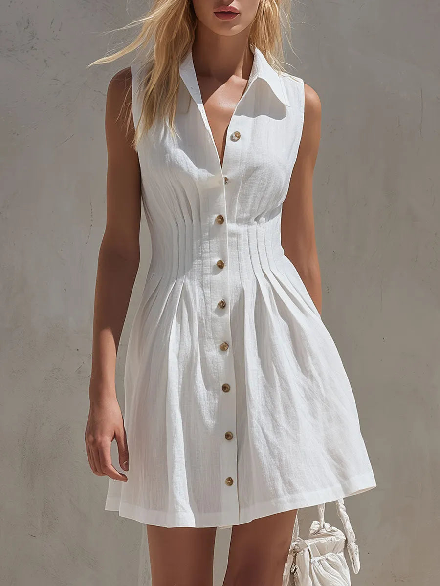 Casual Retro White Sleeveless Collared Button-down Pleated Cotton Linen Mini Dress