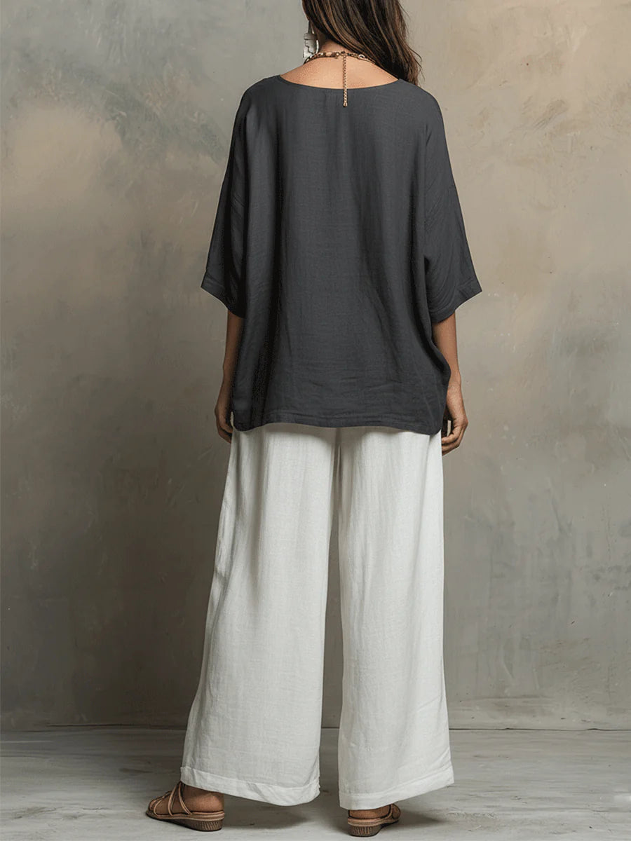 Gray And White Oversized Top And Wide-leg Pants Set