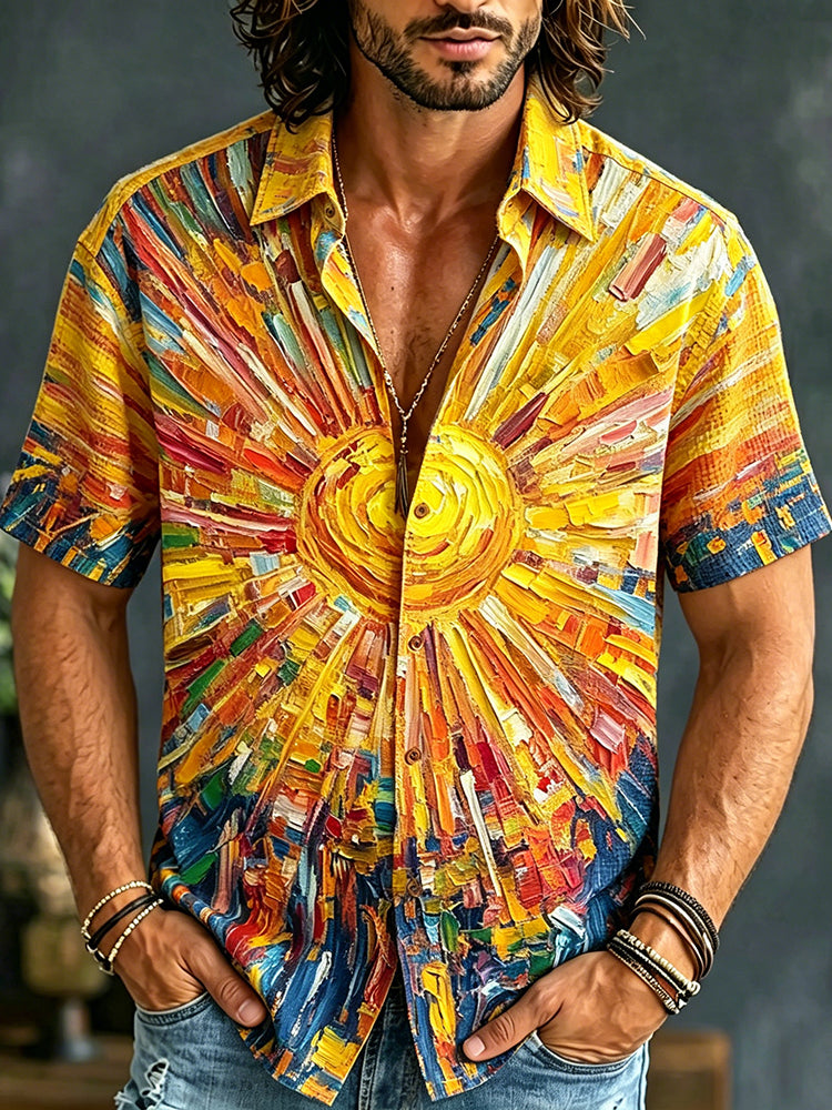 Men's Hippie Oil Painting Sun Art Print Casual Shirt