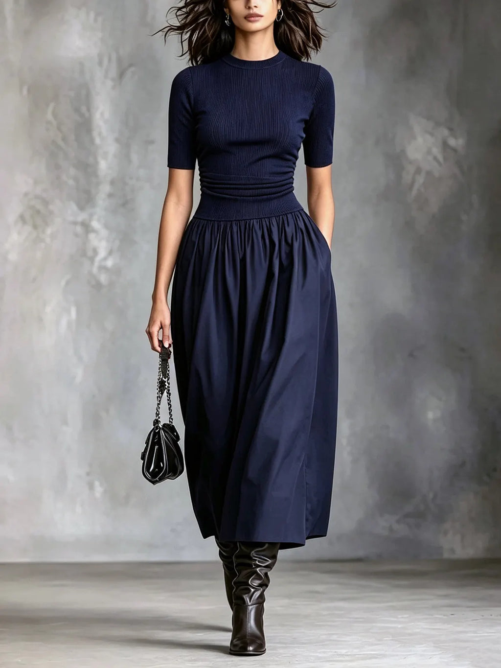 Casual navy blue crew neck short-sleeved top and midi skirt set