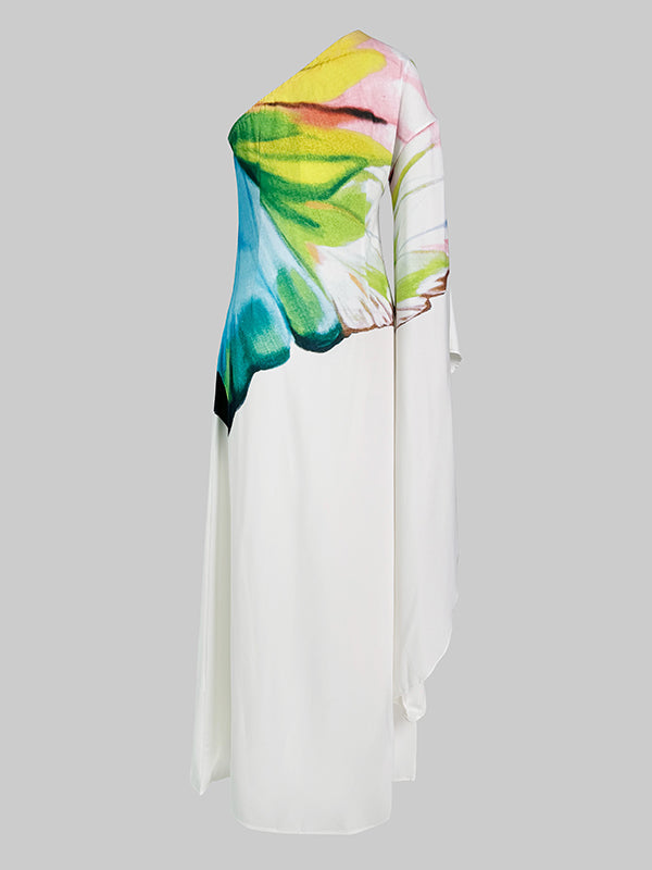 Long Sleeves Loose Asymmetric Flower Print One-Shoulder Maxi Dresses