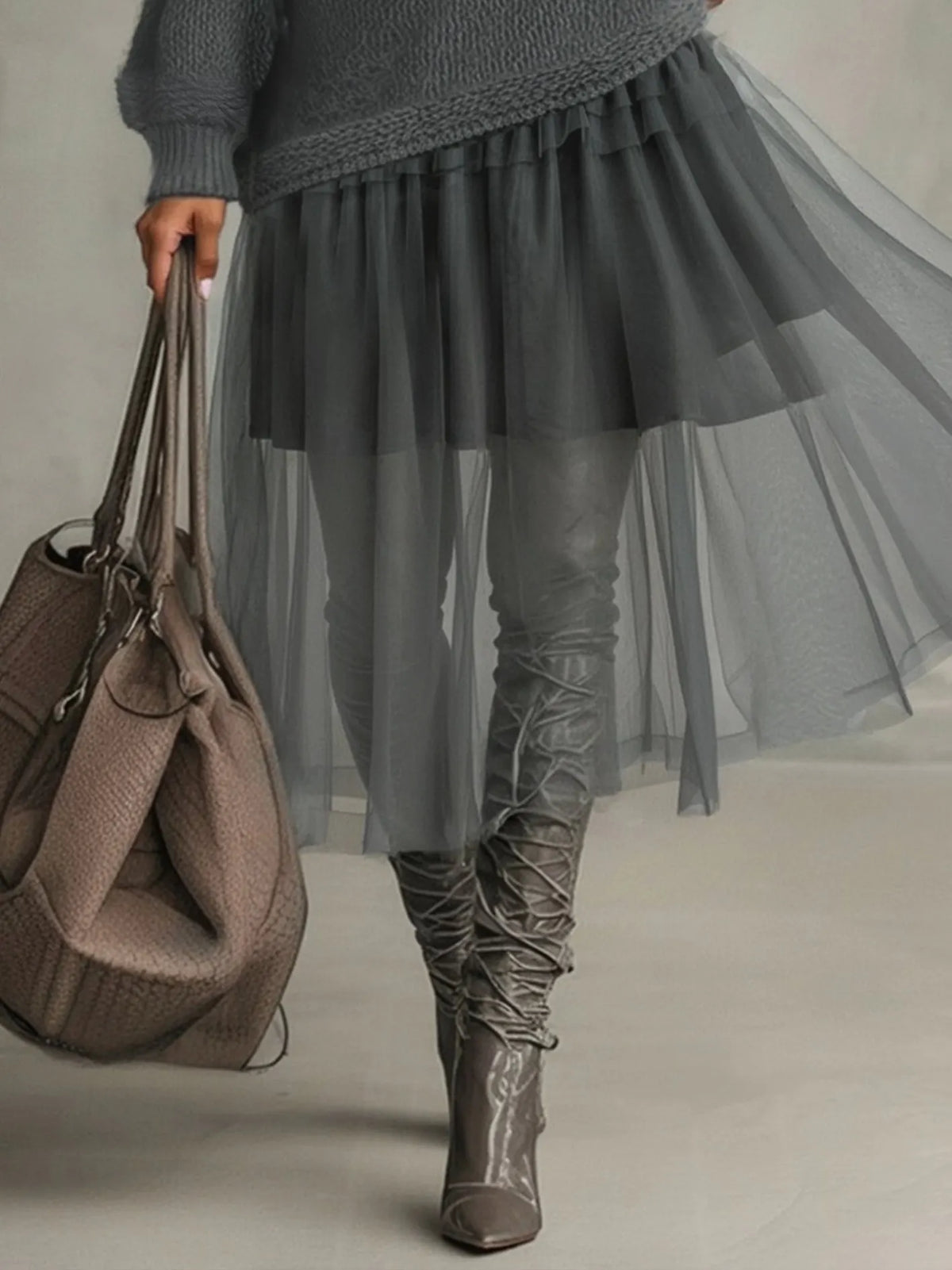 24-Hour-Shipping Gray Mohair And Tulle Panel Maxi Dress