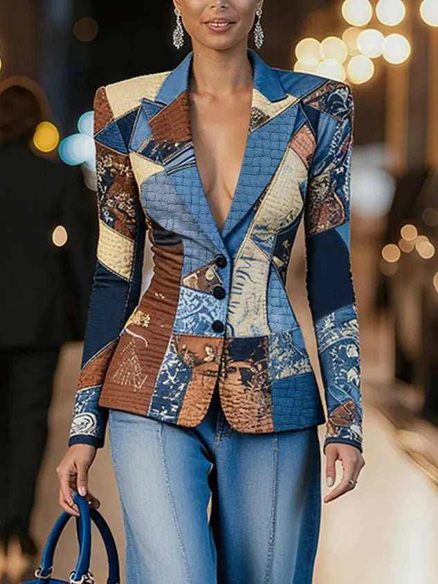 Stylewe Women Casual Natural X-Line Printed Blazer Lapel Collar Daily Spring
