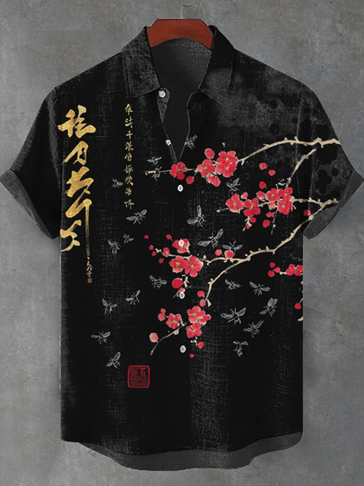 Men's Vintage Bees And  Red Plum Blossom Pattern Casual Shirt