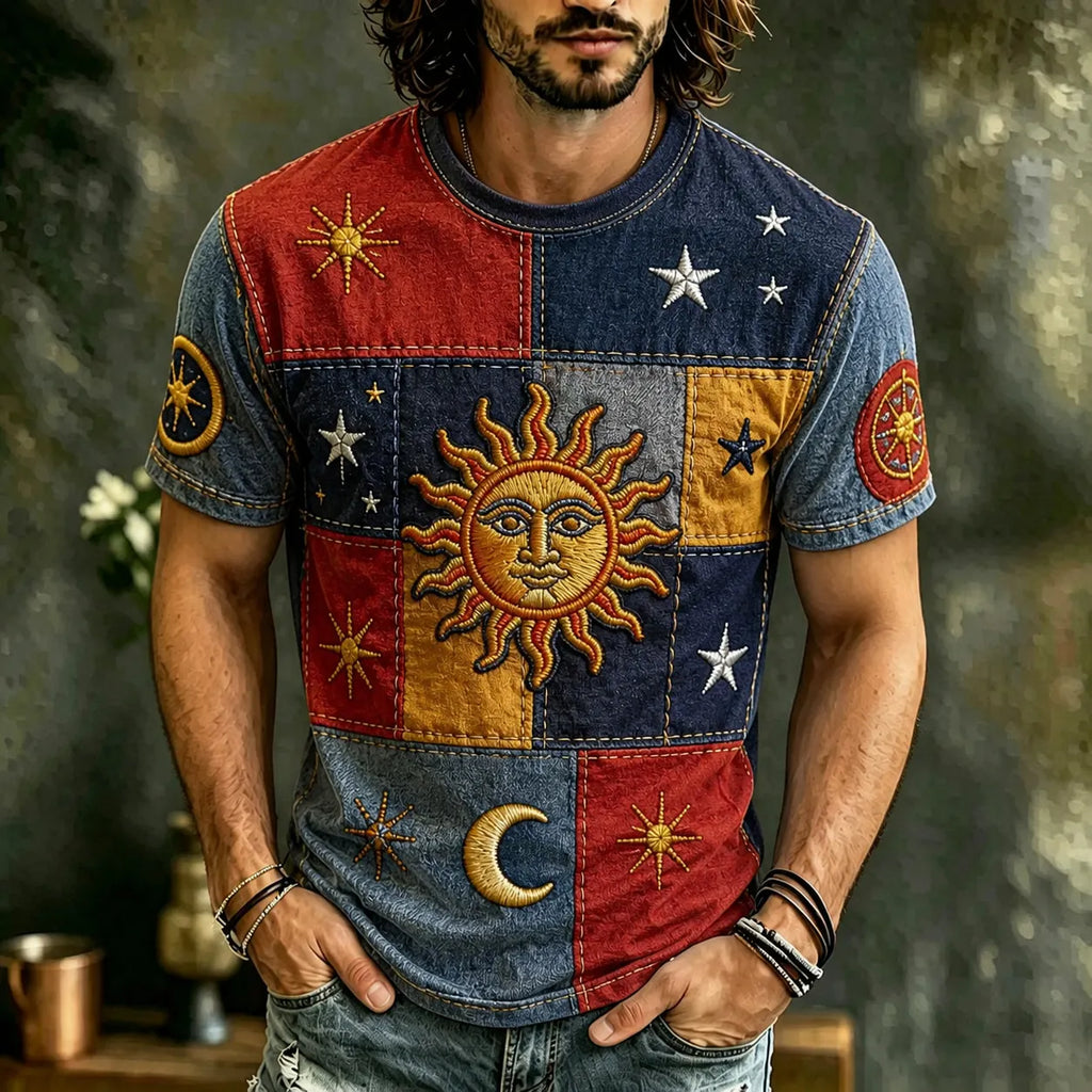 Men's Retro Hippie Sun Embroidered Patchwork Art Print Crew Neck Short Sleeve T-shirt