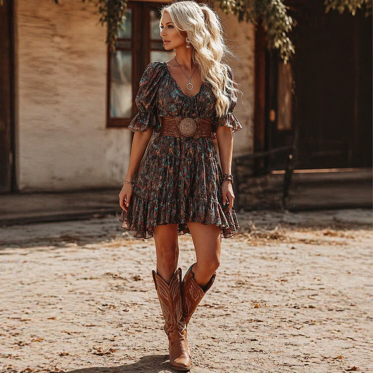 Western Retro Floral Mini Dress with Tiered Ruffles