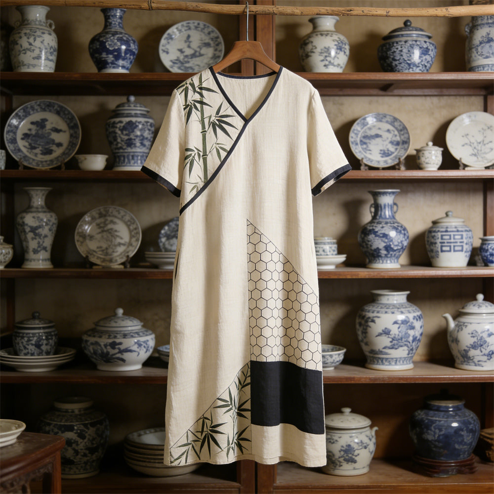 Japanese Bamboo Leaf Geometric Patchwork Women's Linen Short Sleeve Maxi Dress