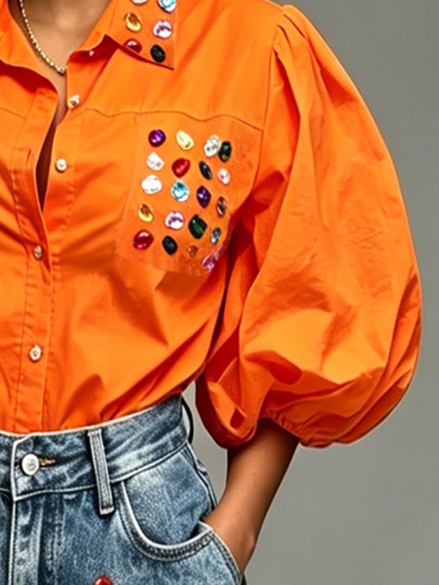 Cotton Casual 3D Printing Gemstone Pattern Shirt Collar Puff Sleeve Shirt