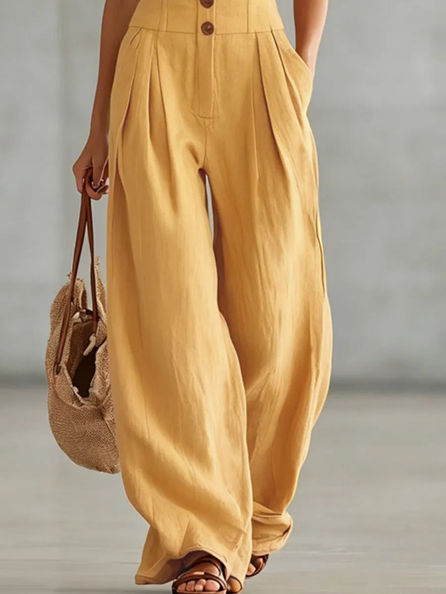 Retro-style Wide-strap Single-breasted Cotton-linen Sleeveless Jumpsuit