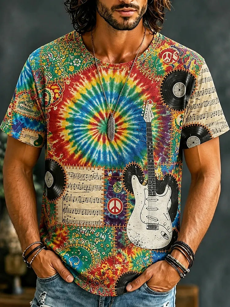 Men's Hippie Tie Dye Sheet Music Guitar Patchwork Print T-shirt