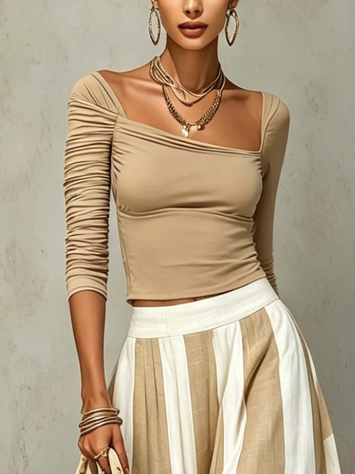 Beige And White Ruched Top And Striped Maxi Skirt Set