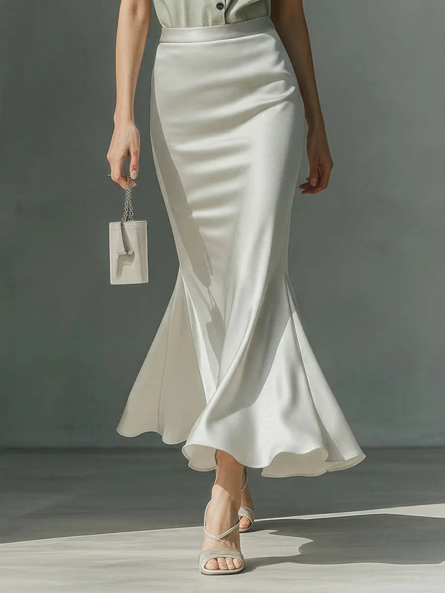 Women’s Sage Green Sleeveless Collared Shirt & Ivory Satin Mermaid Midi Skirt Two-Piece Set MDZ2812D0T