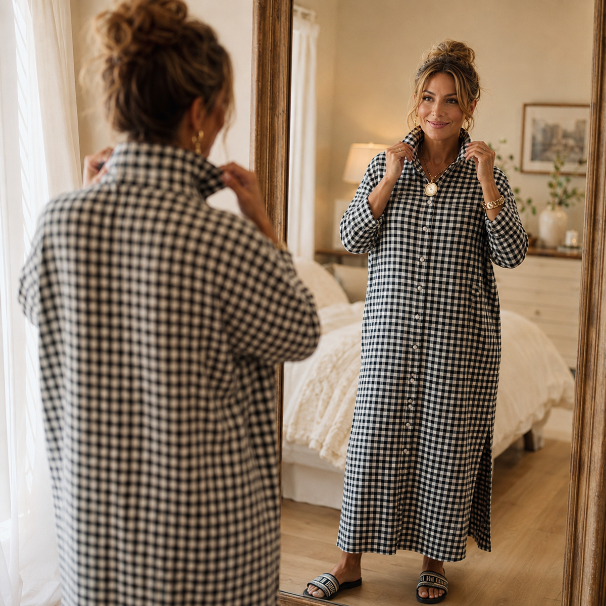 Harlowe – Gingham Button-Front Maxi Shirt Dress with Side Slits