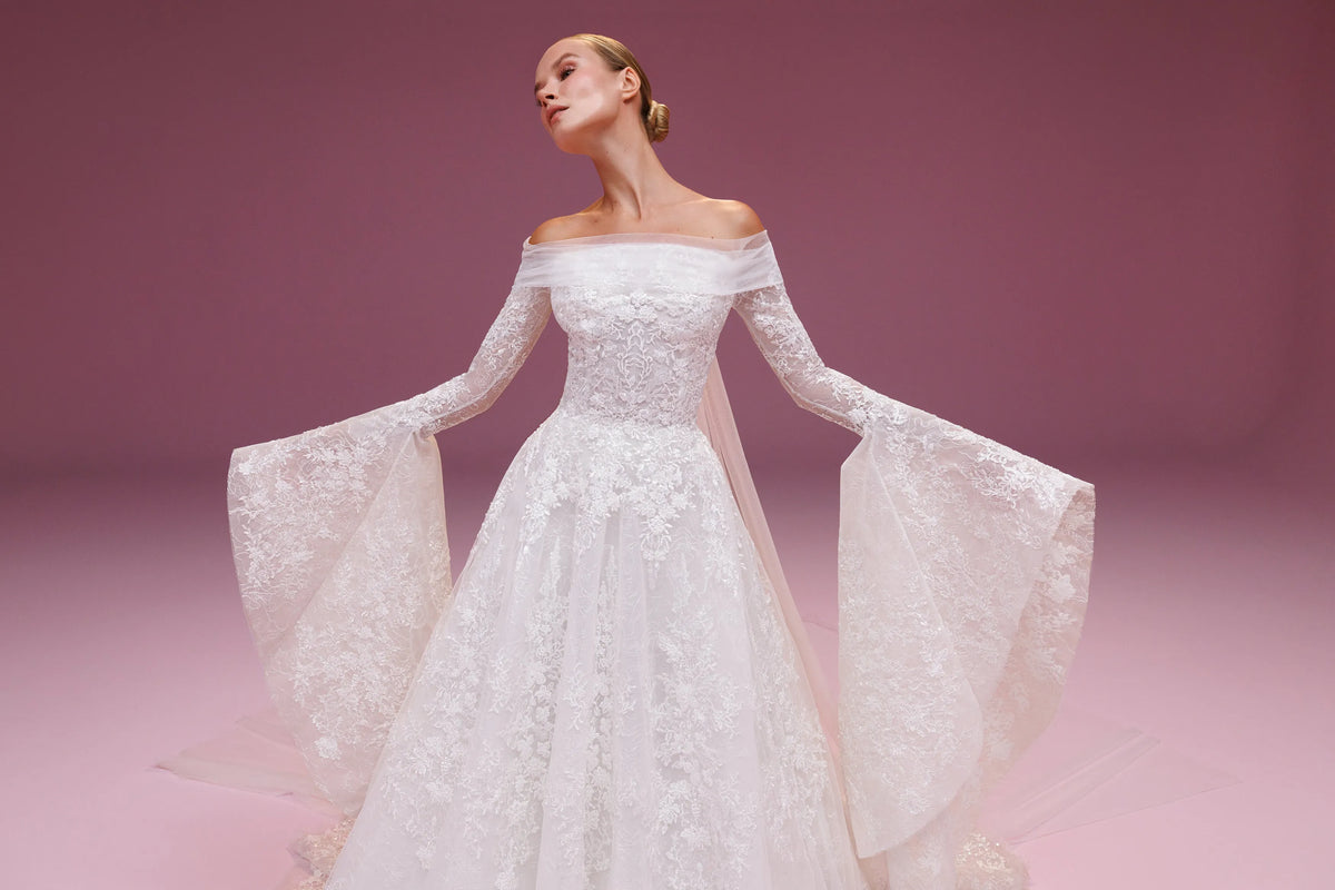 EVELYN Elegant Off-Shoulder Voluminous Sleeves Princess Bridal Gown