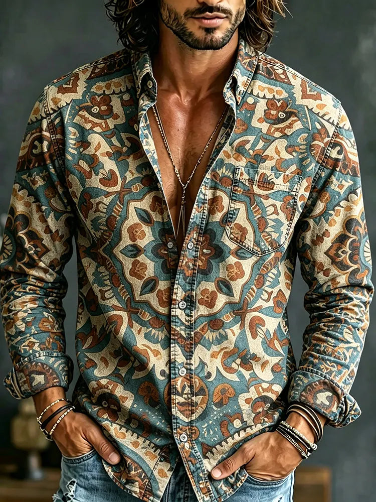 Men's Retro Ethnic Floral Design Long-sleeved Cotton Linen Shirt