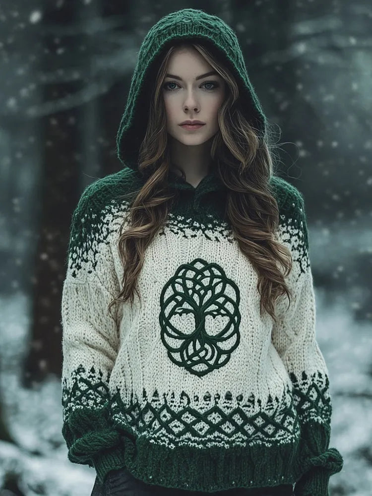 Women's Irish Celtic Knotted Floral Jacquard Crew Neck Sweater Dress
