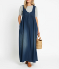 Denim Maxi Dress | Vintage Washed Cotton Button Front Dress