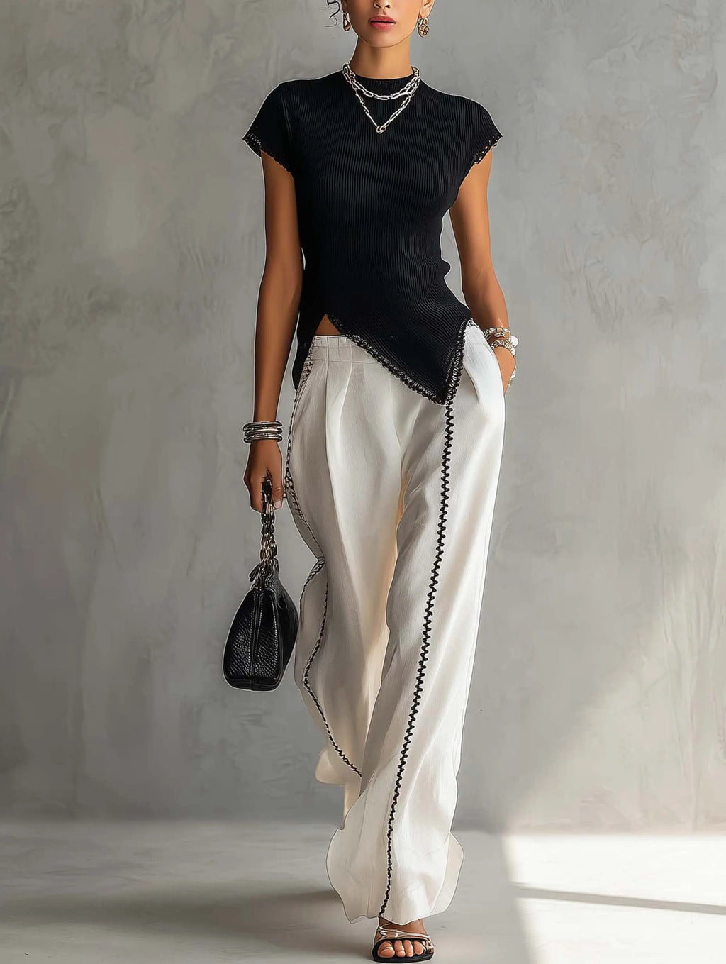 Black Ribbed Knit Top And White Wide Leg Pants Set With Contrast Trim