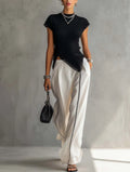 Black Ribbed Knit Top And White Wide Leg Pants Set With Contrast Trim