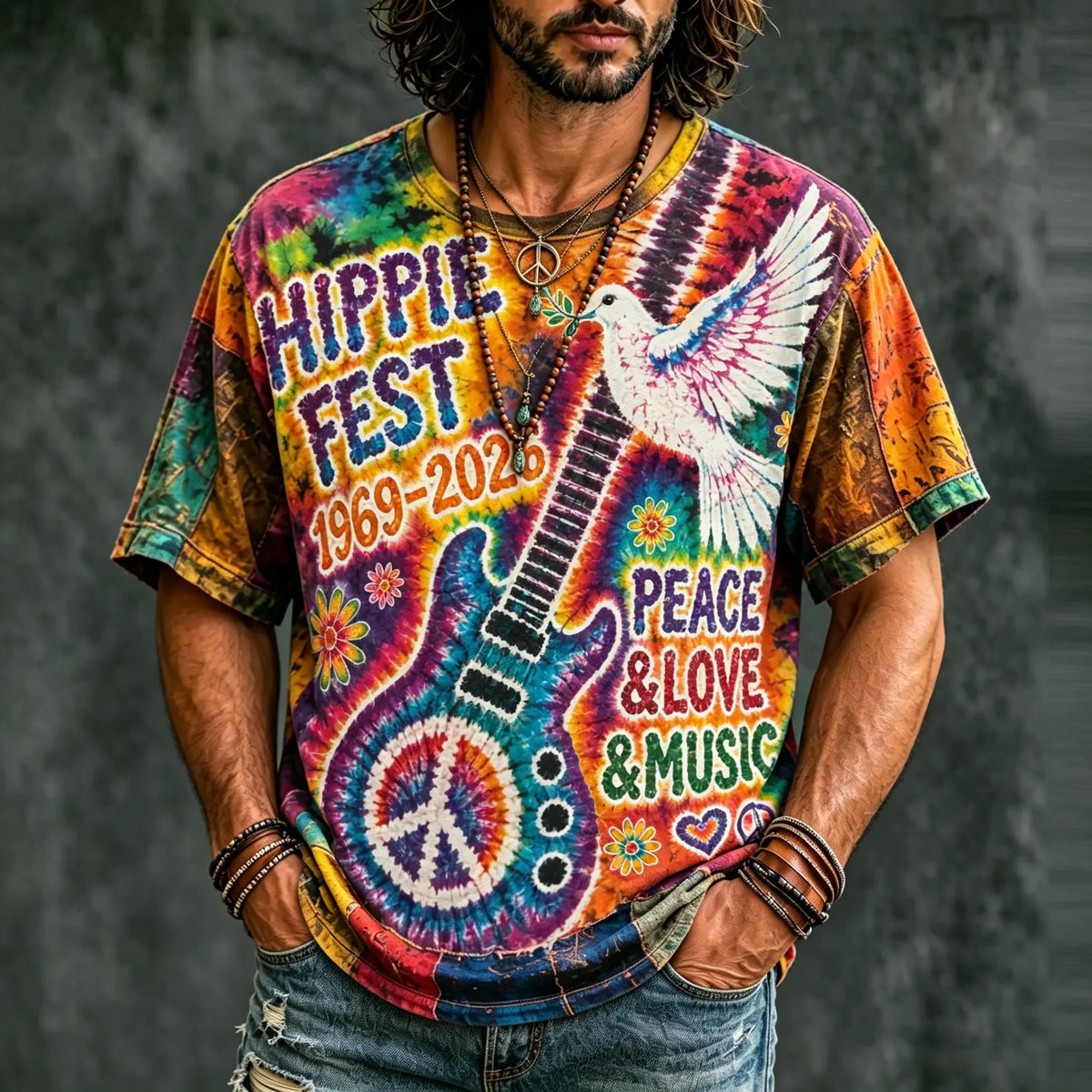Men's Retro Hippie Music Pigeons With Guitar Tie Dye Art Pattern Print T-shirt