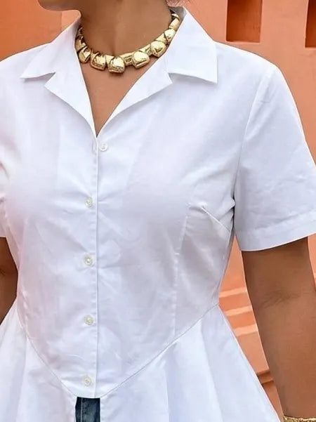 Cotton Casual Plain Peplum Lapel Collar Shirt