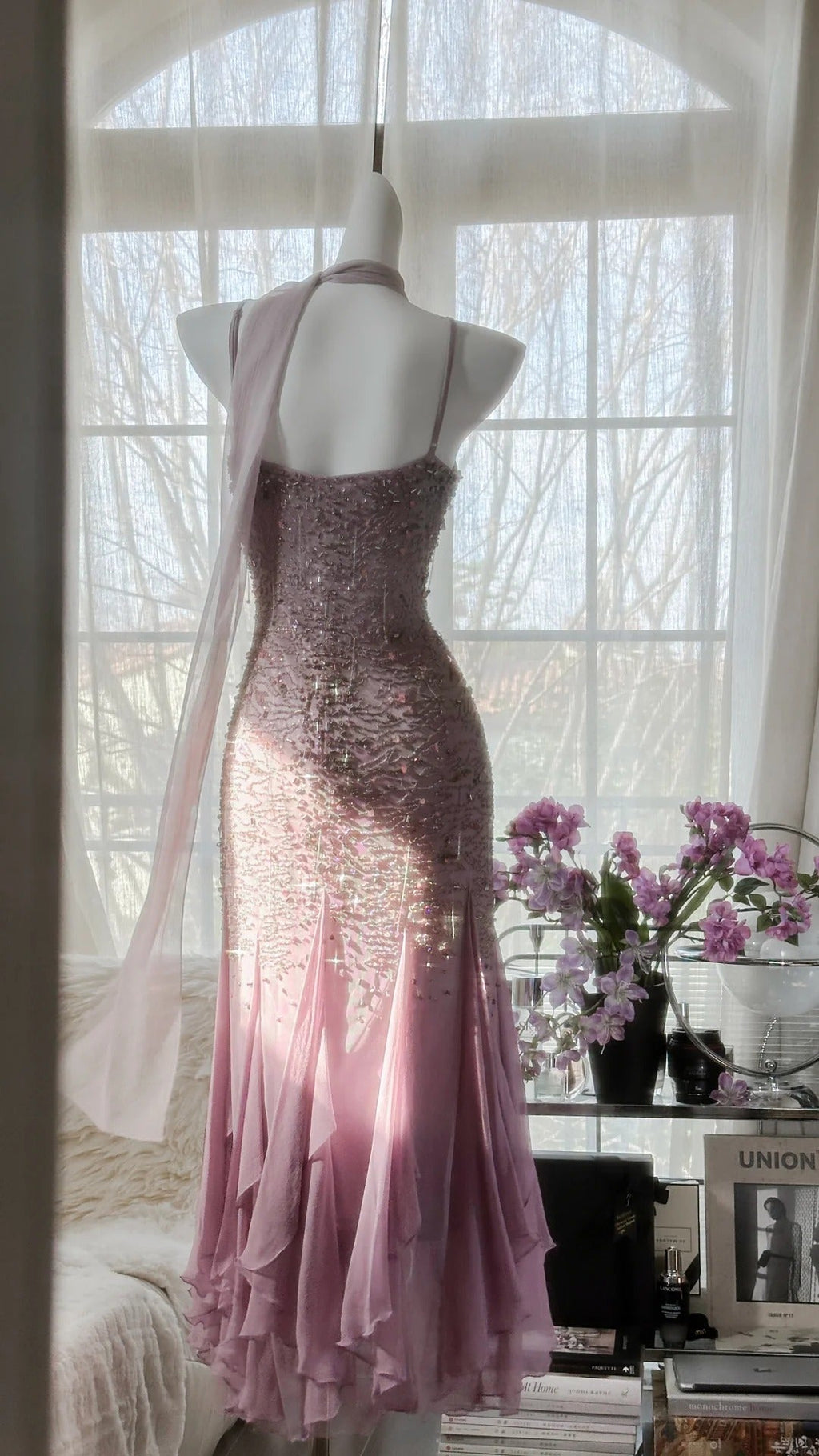 Pink Purple Elegant Romantic Exquisite Beaded Long Chiffon Ball Gown Evening Dress Birthday/Wedding Guest/Holiday Party Dress Prom Dress 4021