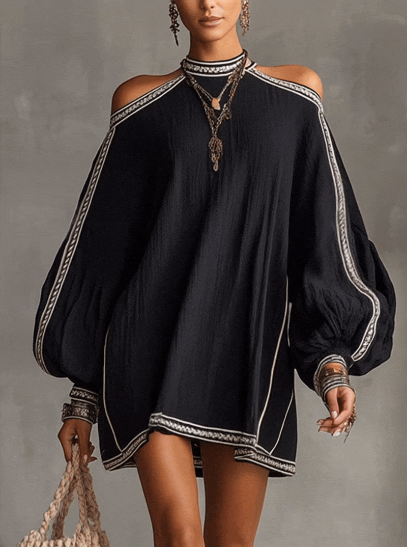 Black Boho Cold Shoulder Lantern Sleeve Linen Mini Dress