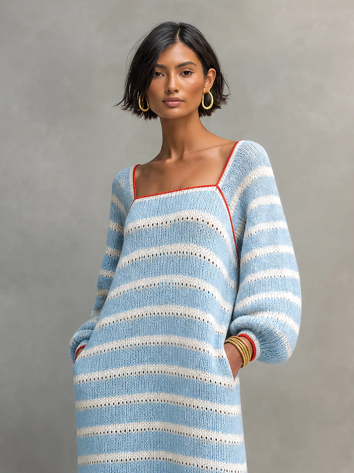 Women's Minimalist Striped Square-Neck Long-Sleeve Maxi Sweater Dress MDZ2707G0WY