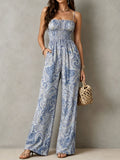 Boho Dusty Blue Paisley Print Smocked Bodice Jumpsuit With Wide-Leg