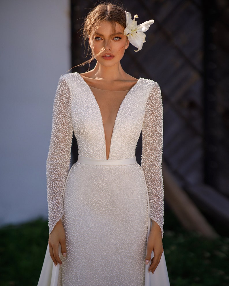 Lace boho bride bridal ivory v neck long wedding dress glitter mermaid shine sexy detachable train removable satin bohemian beach summer