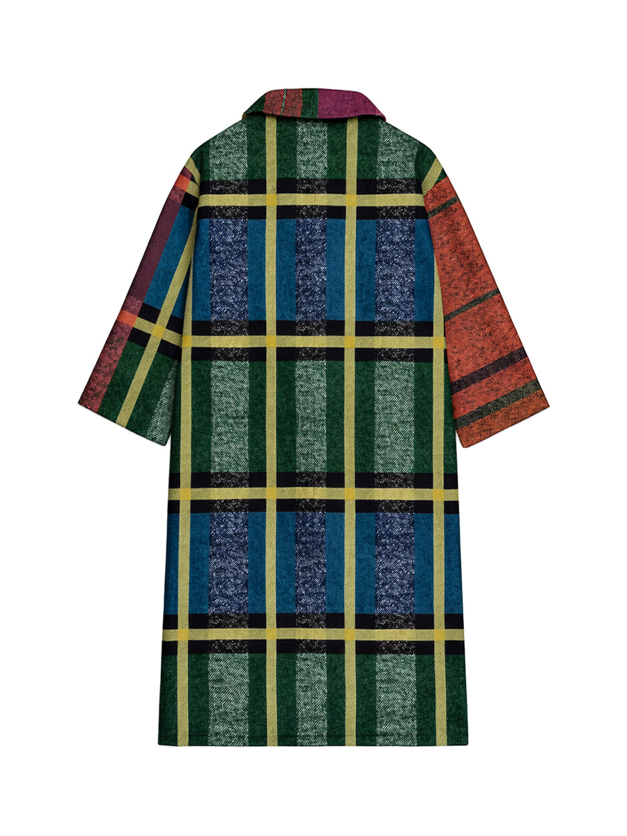 Loose Three-Quarter Sleeves Contrast Color Plaid Split-Joint Lapel Outerwear Windbreakers Woolen Coat