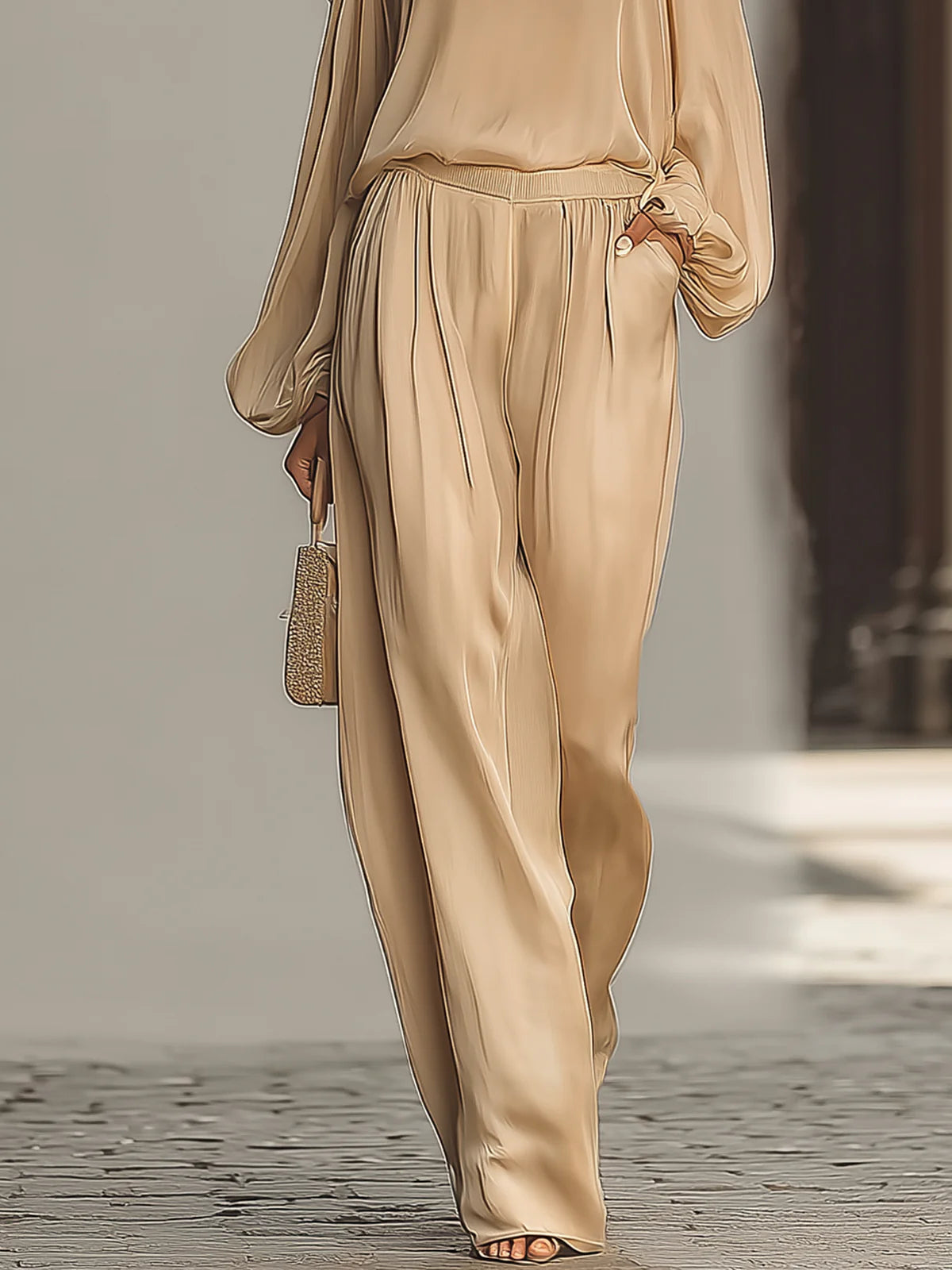 Off-the-shoulder Lantern Sleeve Satin Wide-leg Set