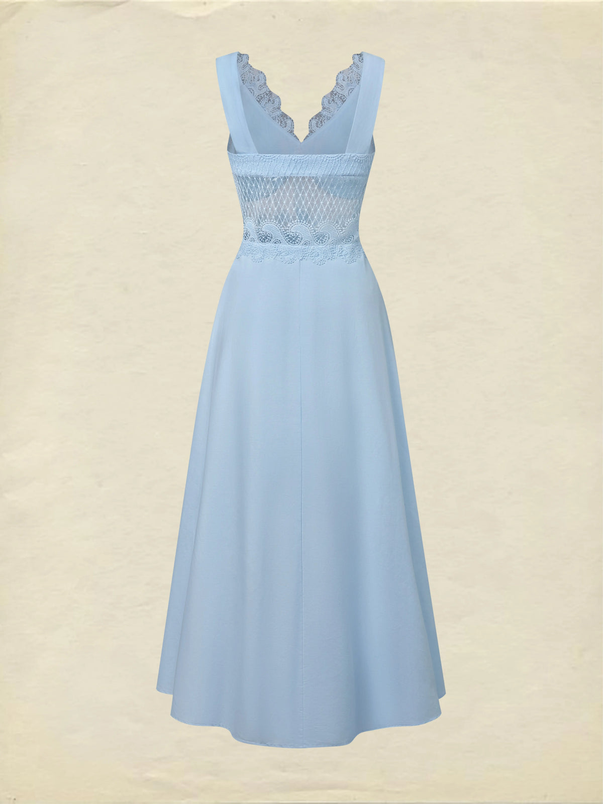 Maxi Cotton Dress, Sleeveless, V Neck, Plain, Lace, French Vintage, Blue