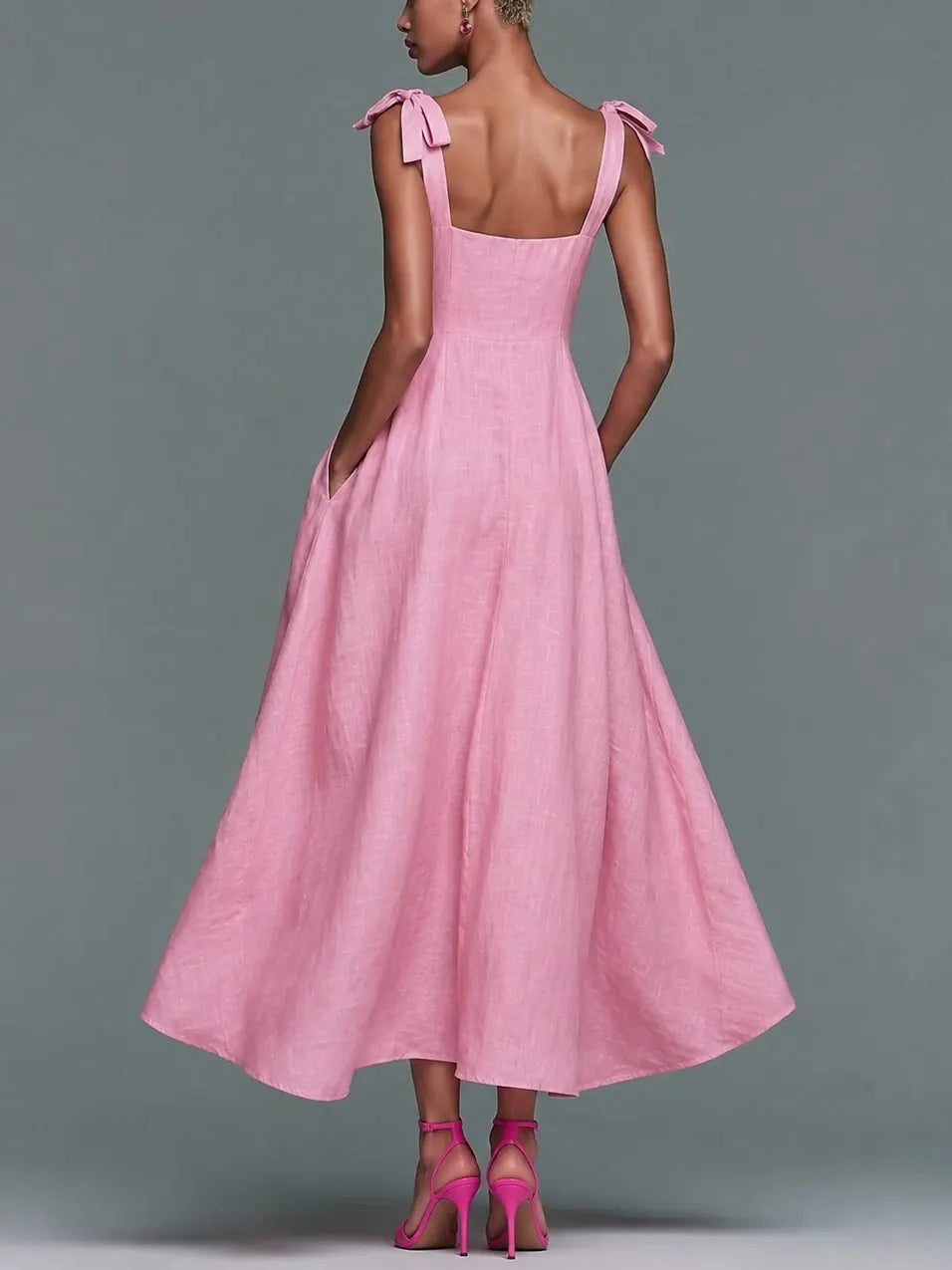 Pink Bow-Strap Square-Neck Maxi Dress
