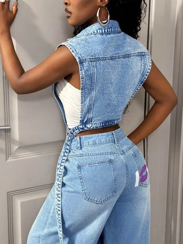 Casual Pockets Plain Lapel Collar Denim Vest