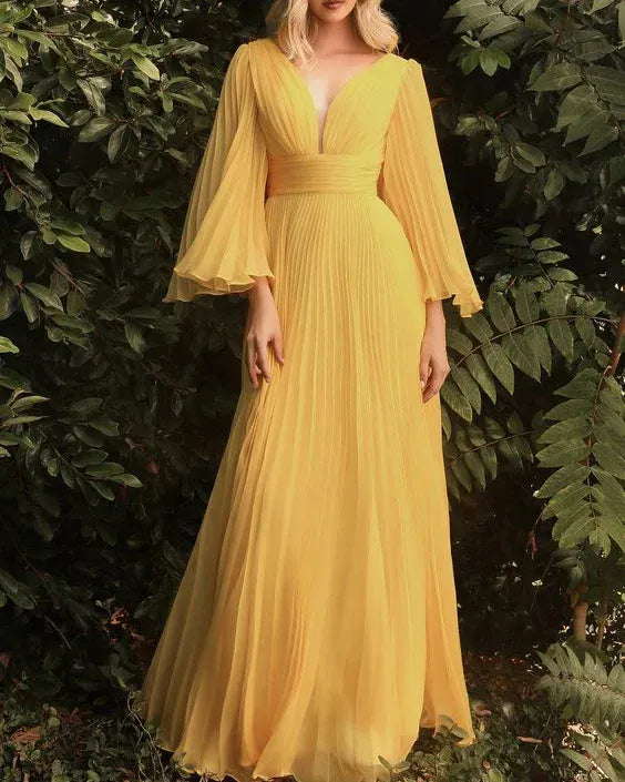 Pleated V-neck Chiffon Maxi Dress - 01