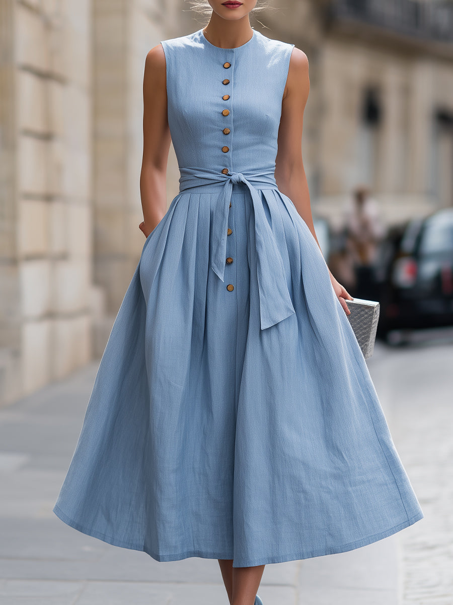 Sleeveless Button-Front Tie Waist Midi Dress