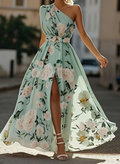 Lightgreen Ruched Slit Chiffon One Shoulder Sleeveless A-Line Floor-length Gown Dress