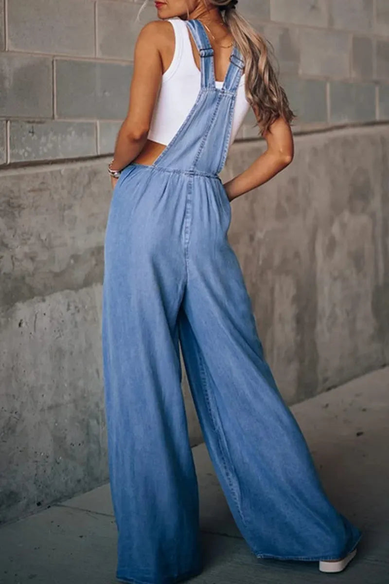 Women's Loose Adjustable Strap Wide Leg Denim Bib Overall Jeans Pants