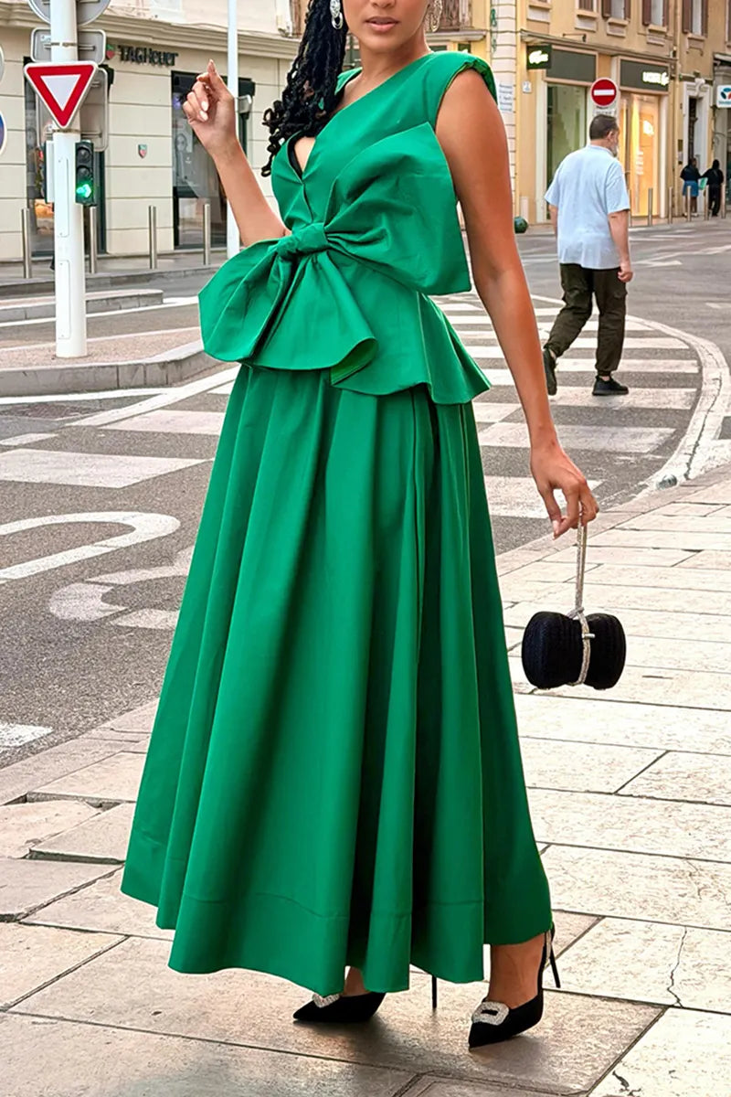 Women's Fashion V-Neck Bow Vset Skirt Set