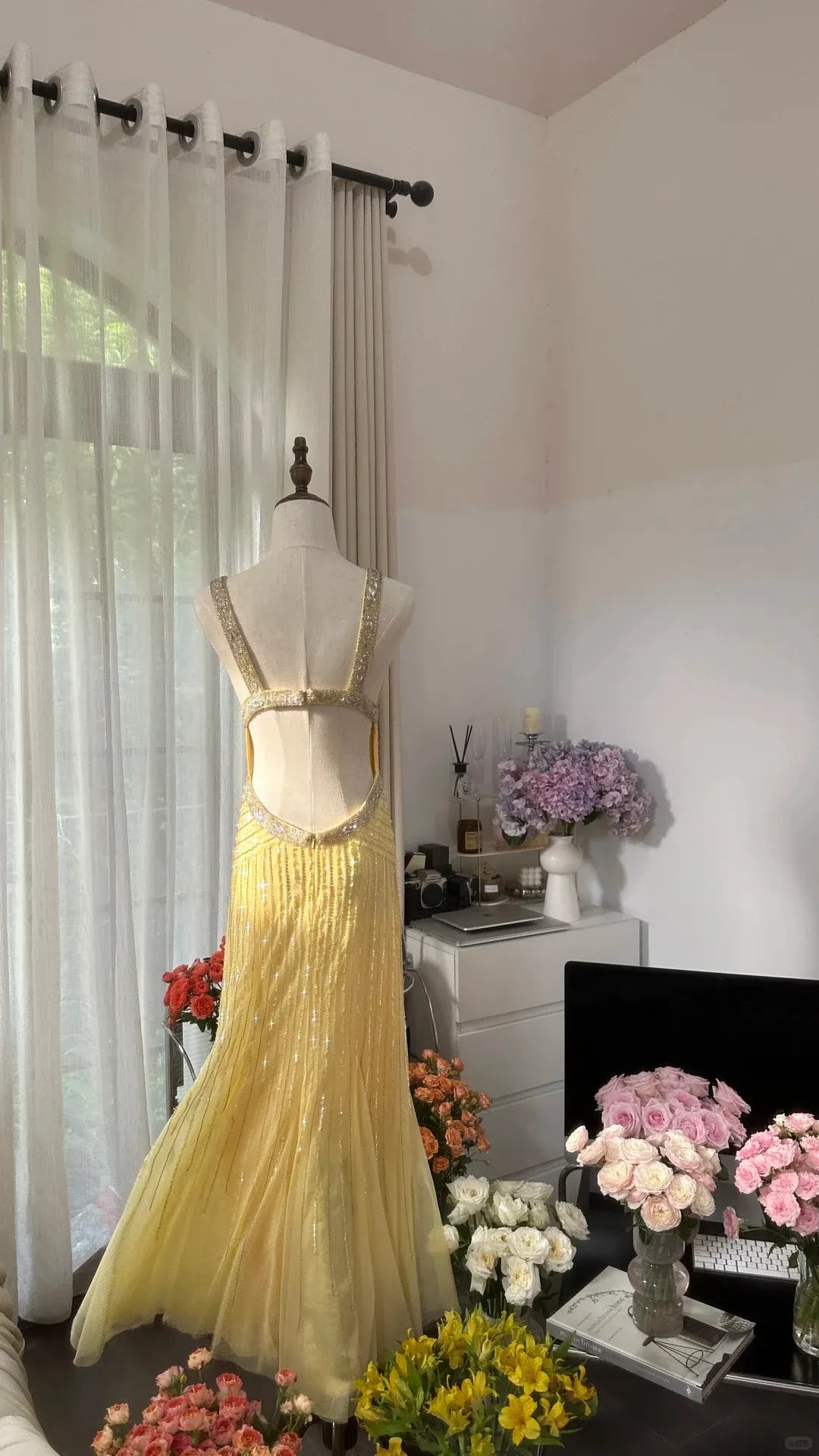 Lit Yellow Gorgeous Shiny Fashion Elegant Exquisite Beaded Long Tulle Backless Fairy Ball Gown Evening Dress Birthday/Wedding Guest/Holiday Party Dress Prom Dress Valentine's Day Date Dress 4034