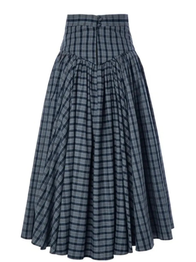 Navy Plaid High-Waist A-Line Skirt