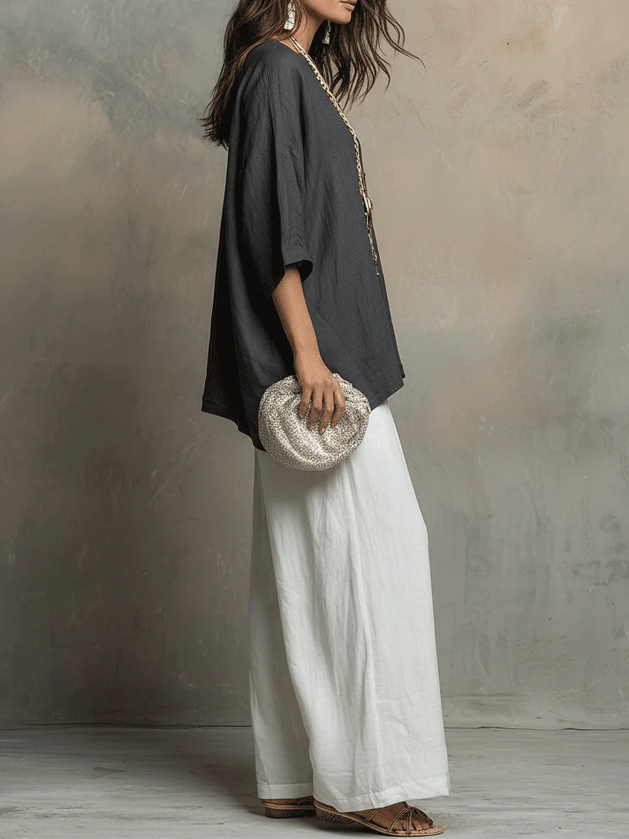 Gray And White Oversized Top And Wide-leg Pants Set