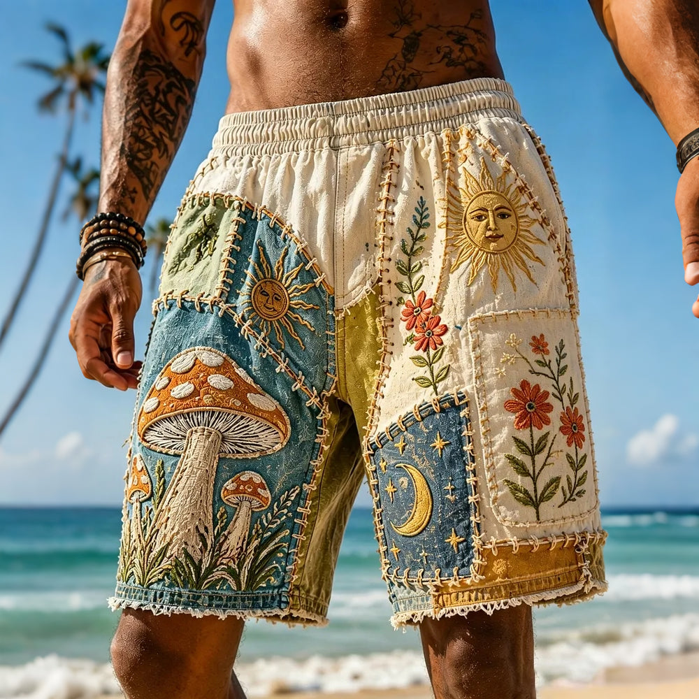 Men's Mushrooms Sun And Moon Geometric Patchwork Mystical Hippie Art Print Vacation Style Casual Shorts