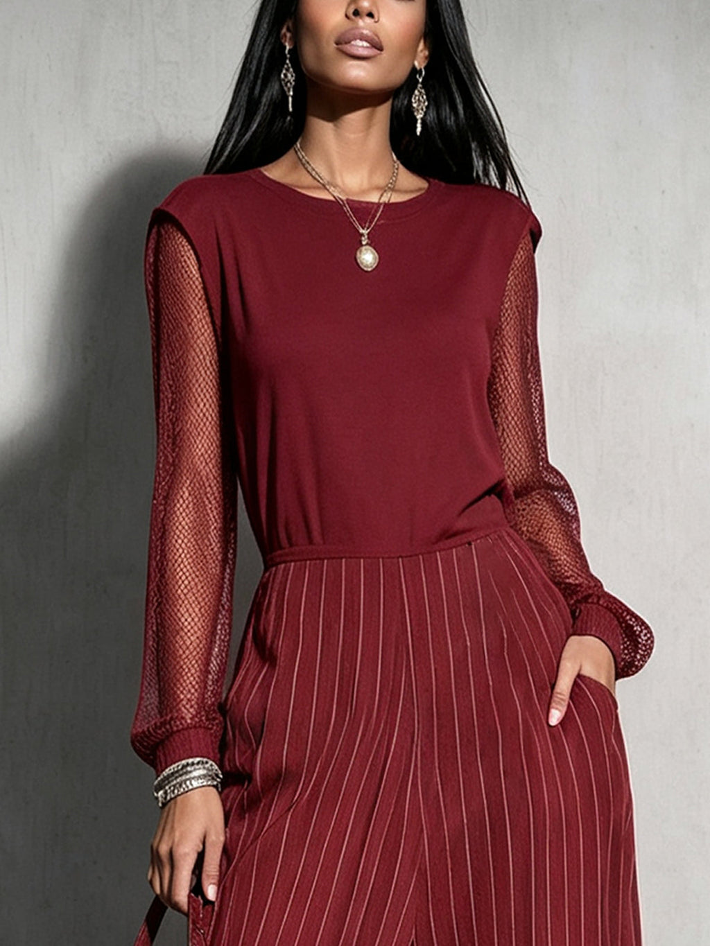 Wine Red Mesh Sleeve Pinstripe Harem Jumpsuit